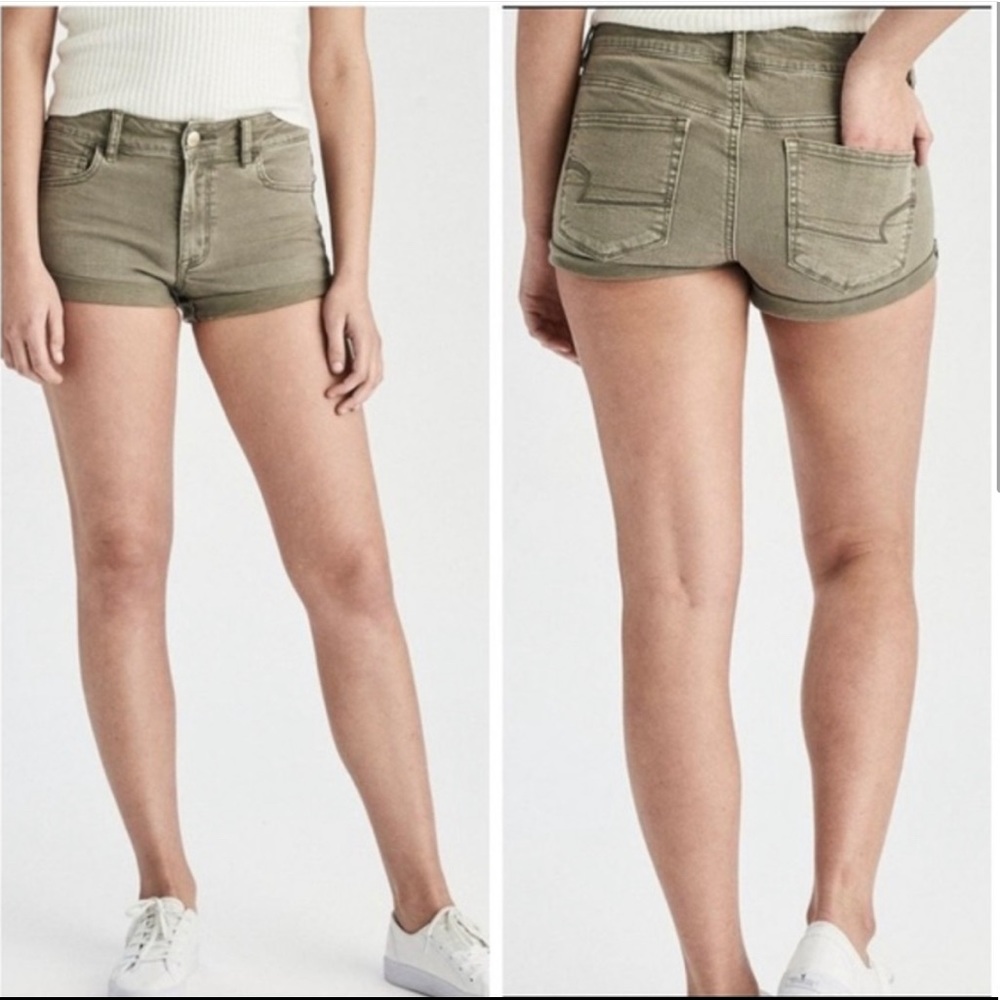 AE American Eagle Women's Hi Rise Shortie Super Stretch Olive Shorts SZ 00  Grea